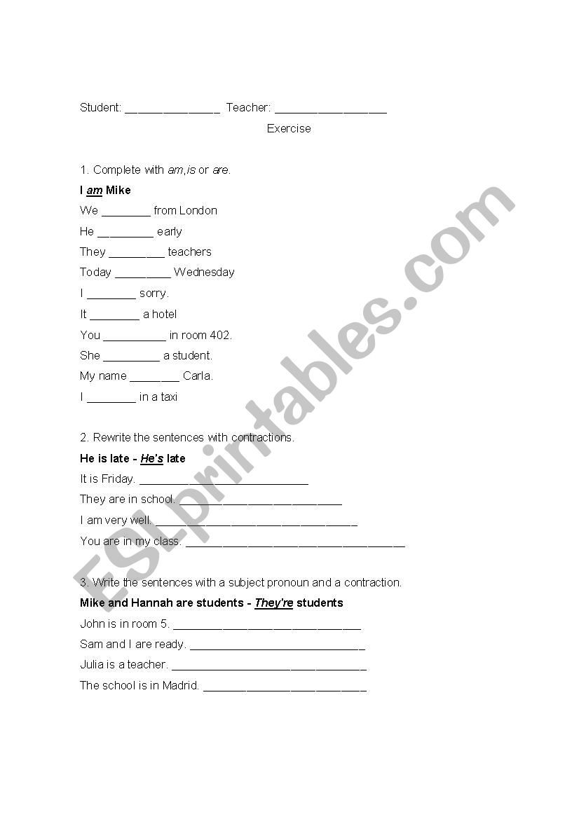 Subject Pronouns Contractions ESL Worksheet By Mariliaborges