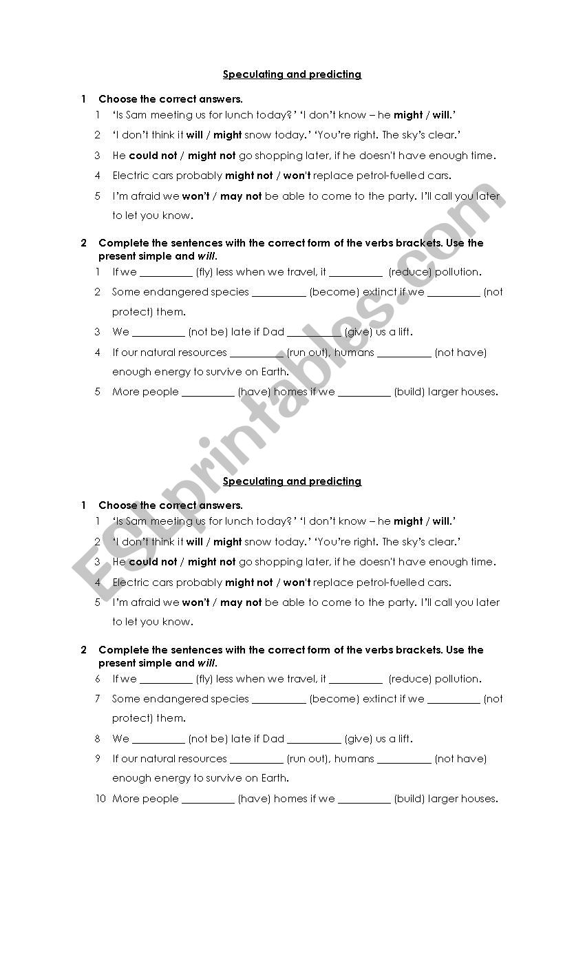 Speculating and predicting worksheet