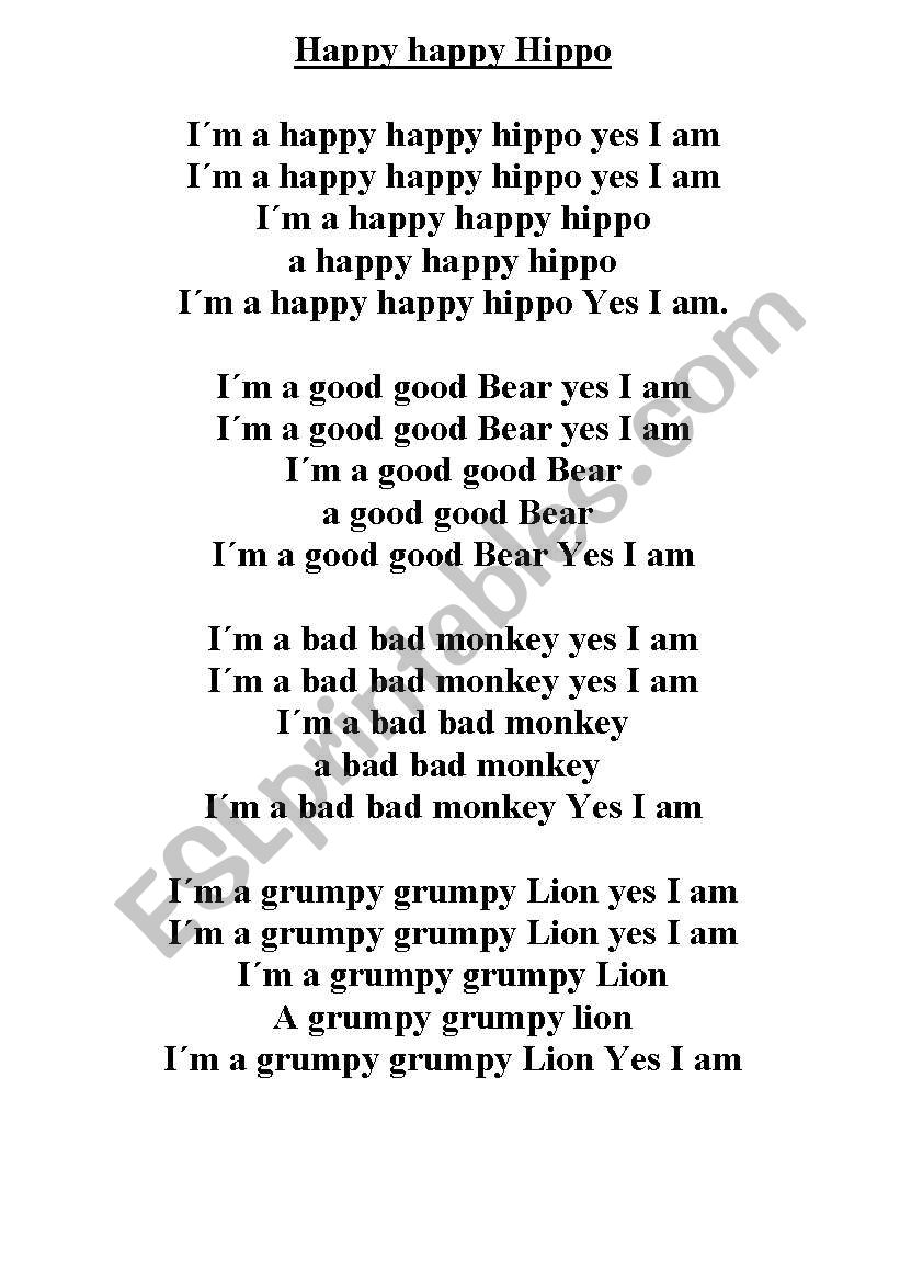 song, happy hippo worksheet