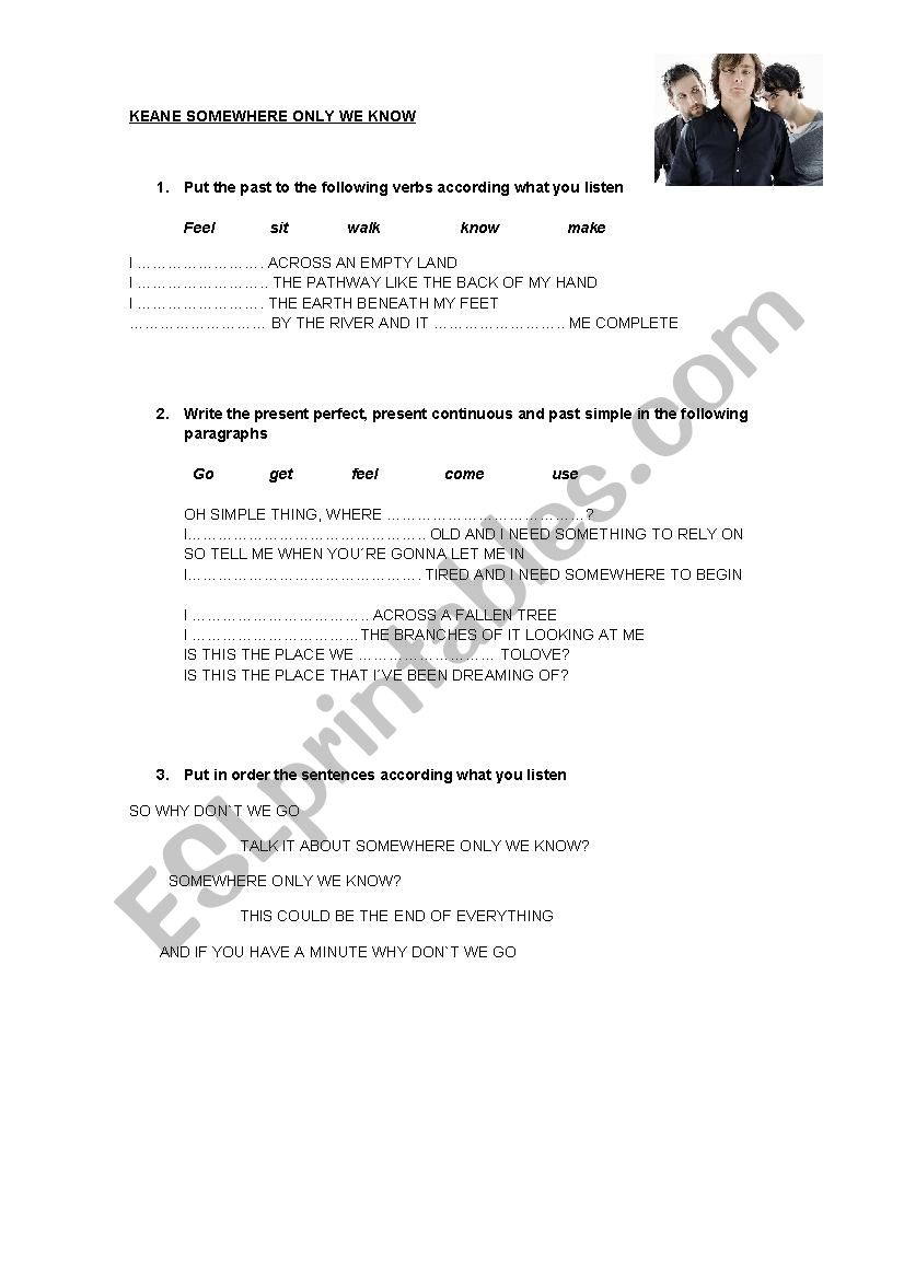 kEANE-sOMEWHERE ONLY WE KNOW worksheet