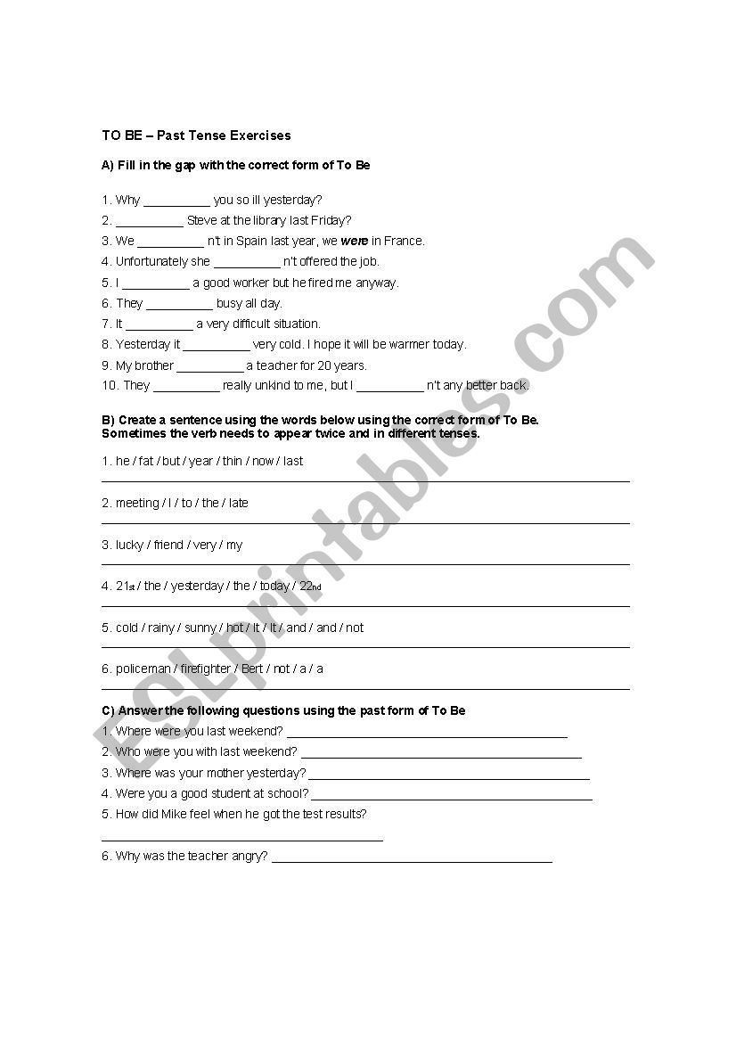 To Be - Past Simple exercises worksheet