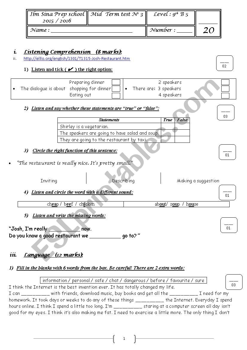 partial test 3 for 9th formers