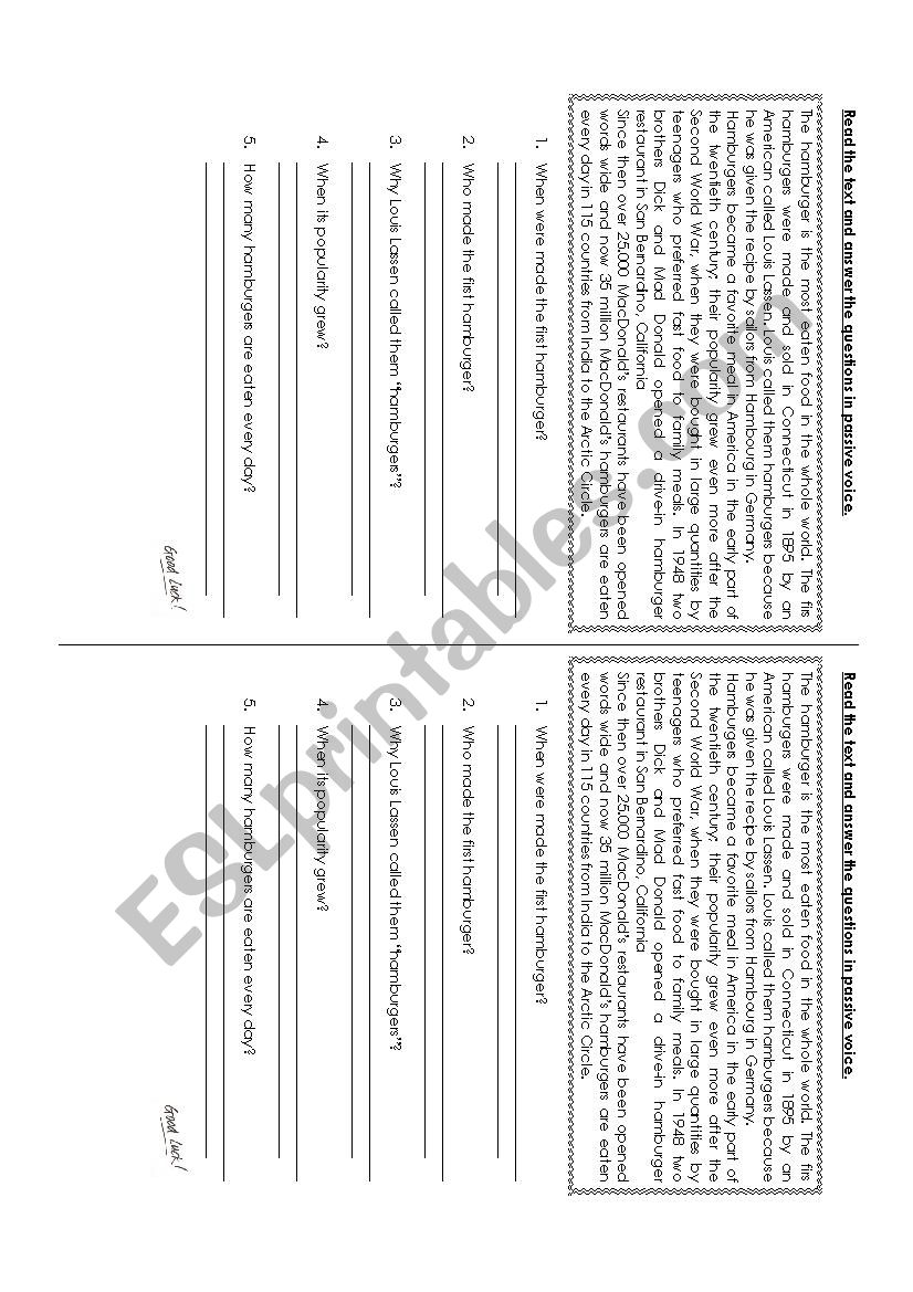 Passive voice reading worksheet