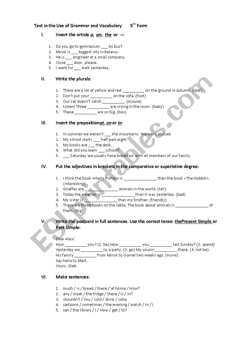 a grammar test variant 1 worksheet