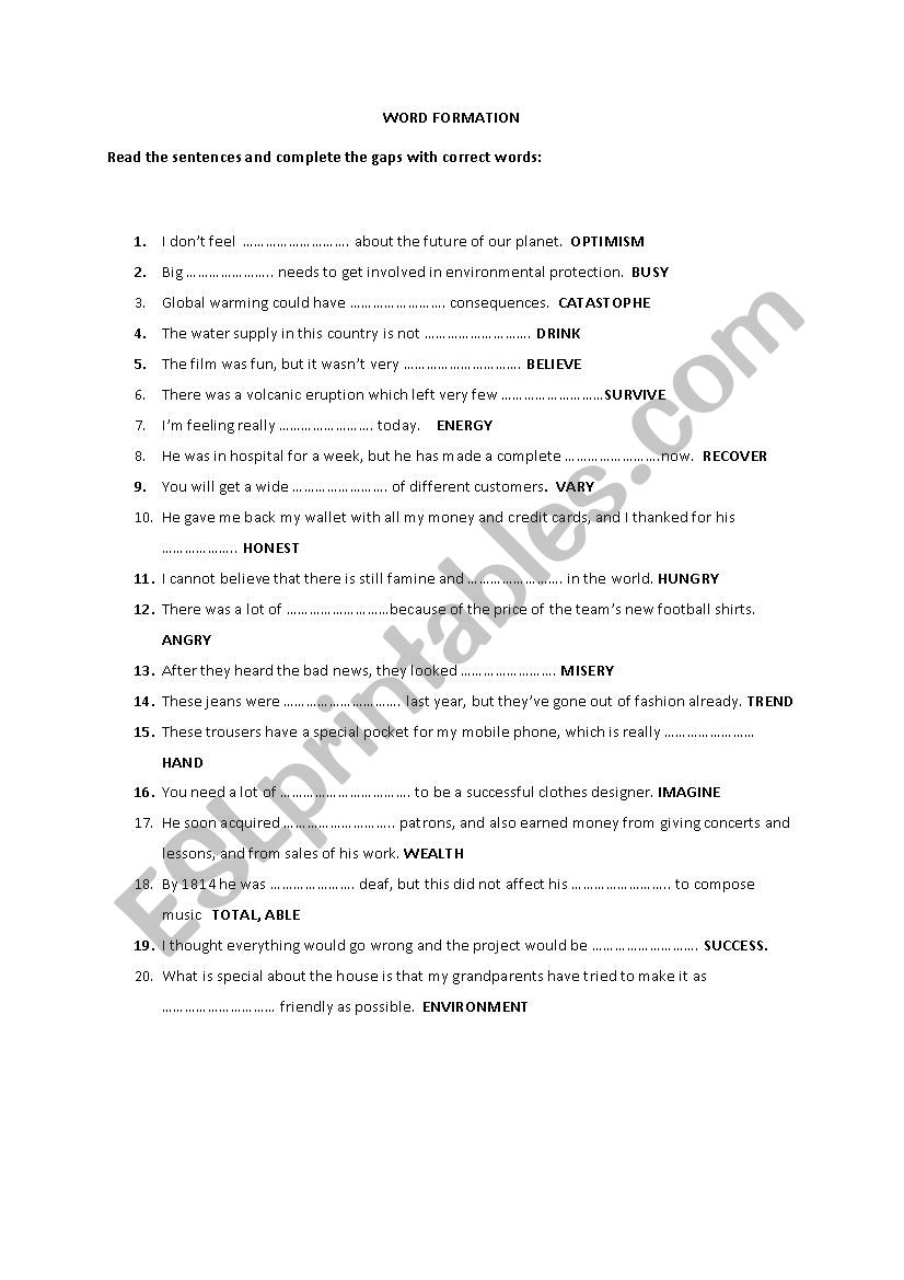 Word formation worksheet