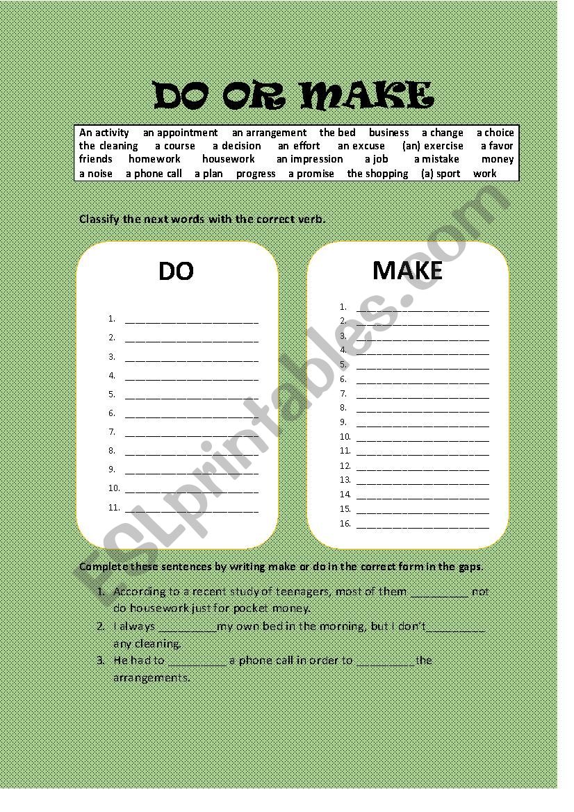 Do or Make worksheet