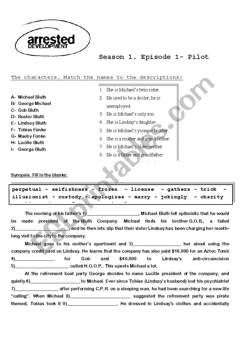 Arrested Development - Pilot worksheet