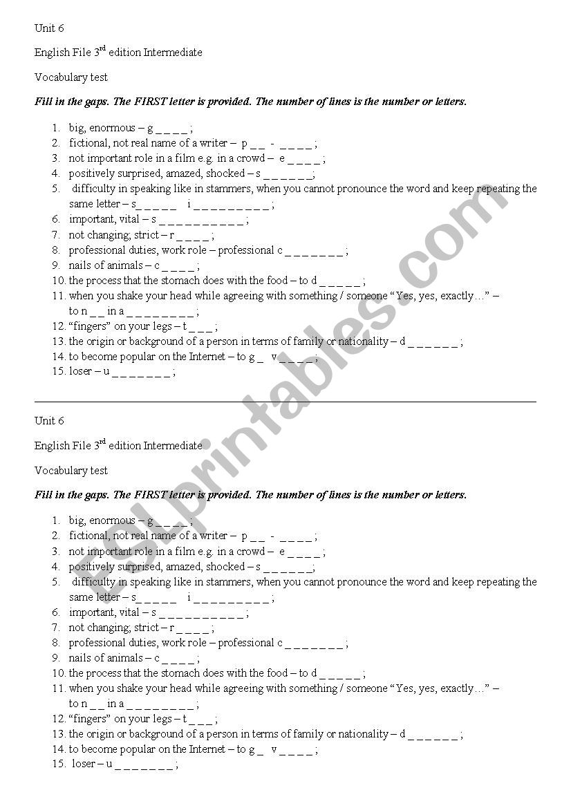 Vocabulary test for Unit 6 English File third edition Intermediate 