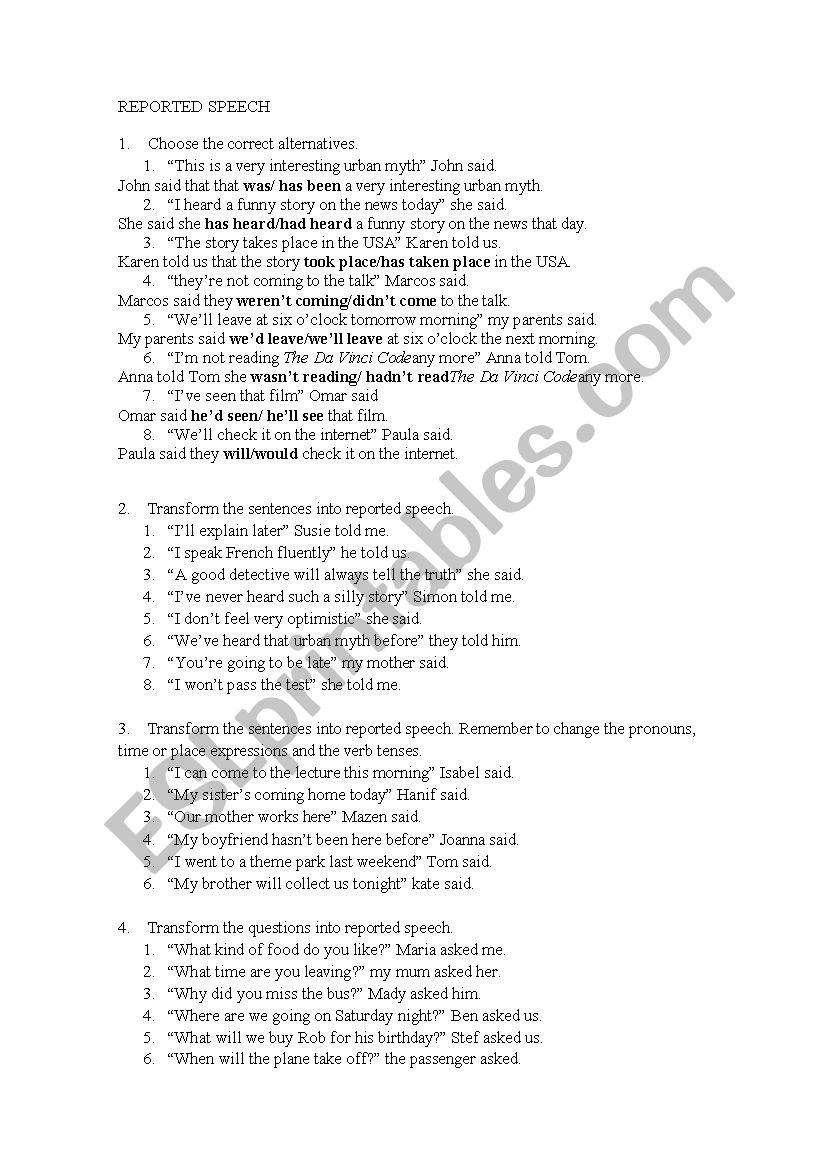 reported speech  worksheet