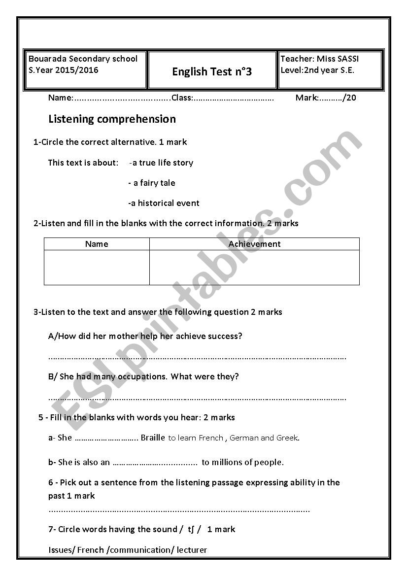 Listening test worksheet