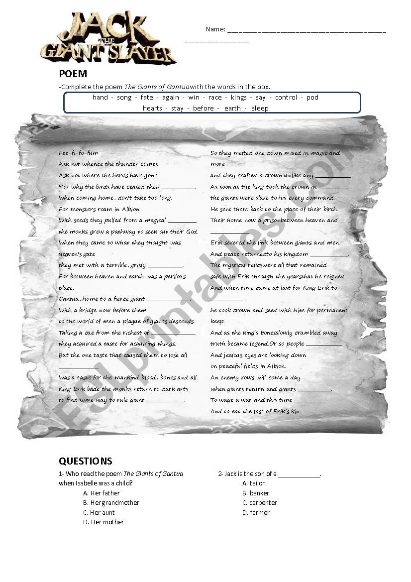 Jack the Giant slayer - movie worksheet