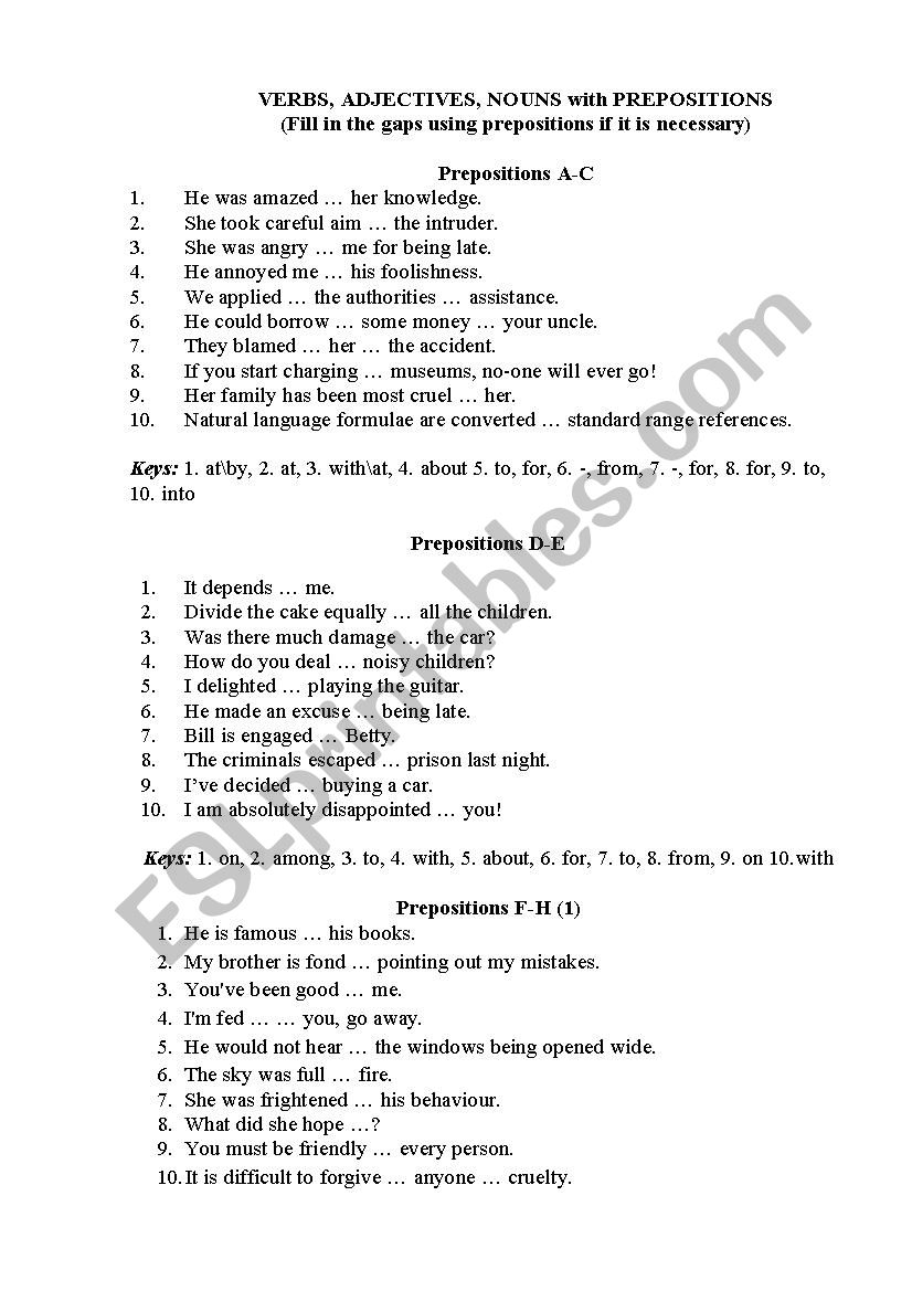 Verbs, Adjectives and Nouns with Prepositions