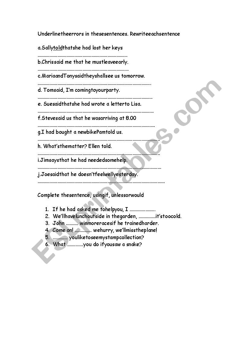 reported speech worksheet