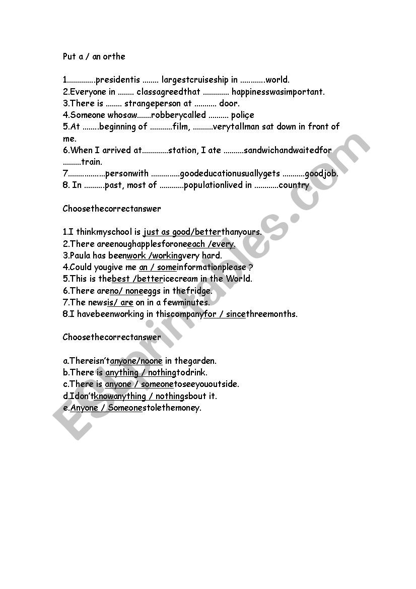 a/an /the worksheet