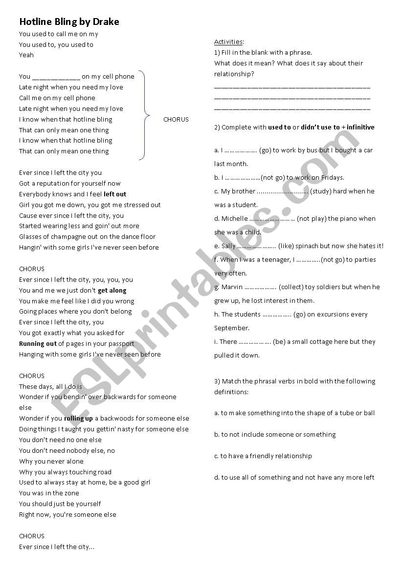 Hotline Bling song worksheet