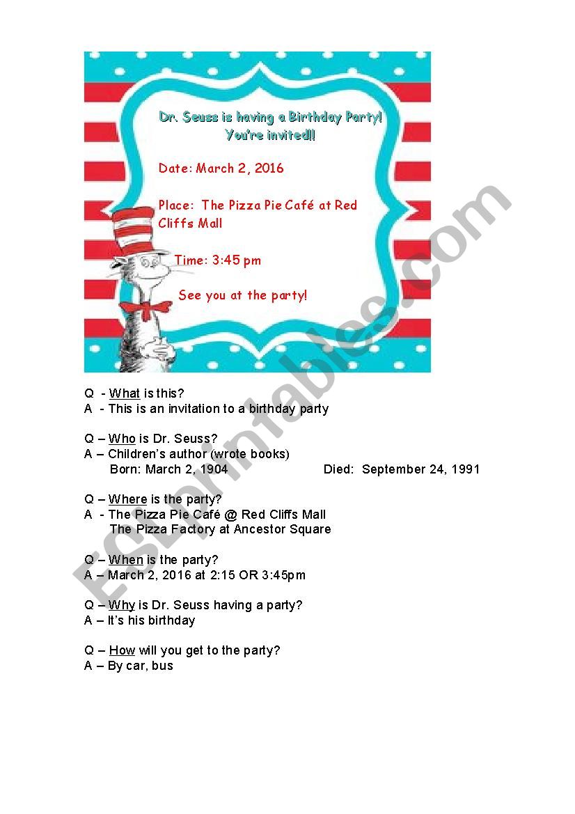 Dr. Seuss Birthday Party worksheet