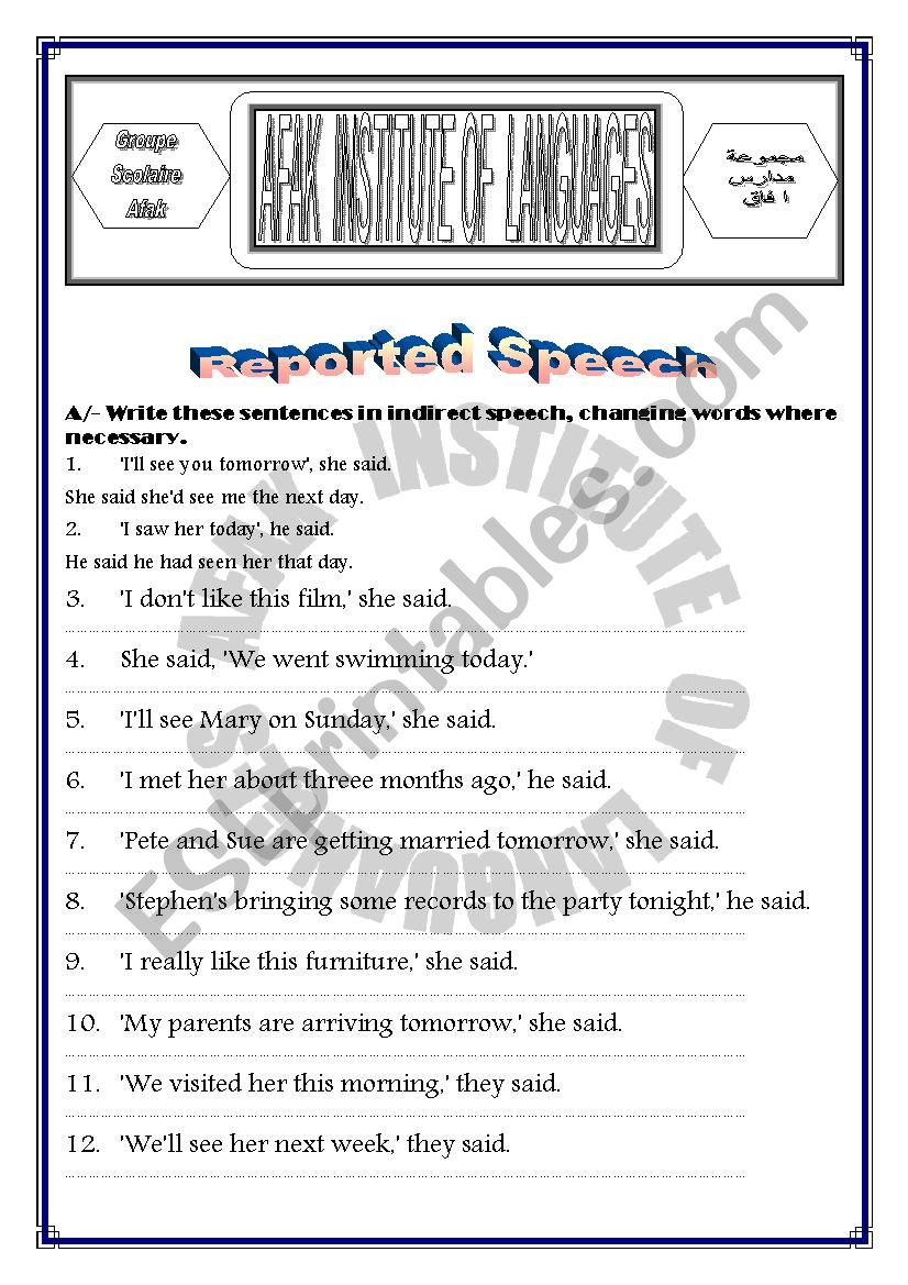 grammar worksheets: reported speech