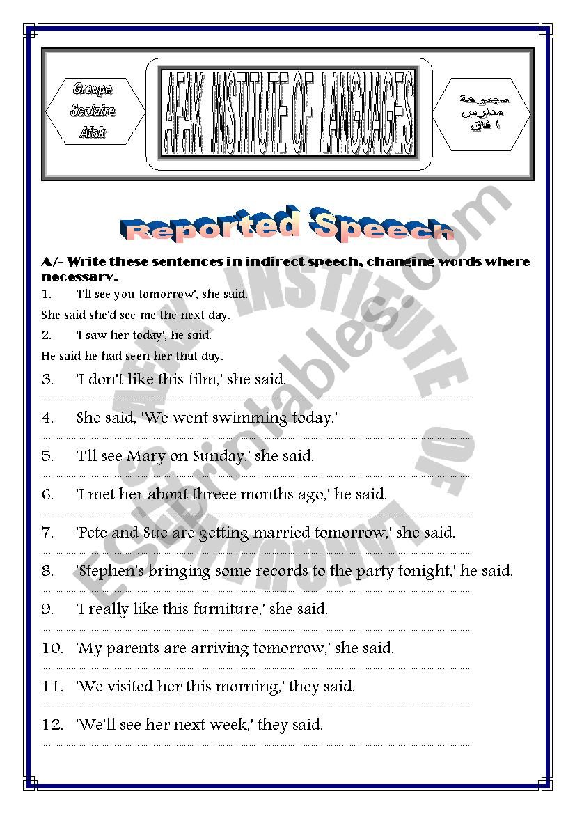 grammar worksheets: reported speech