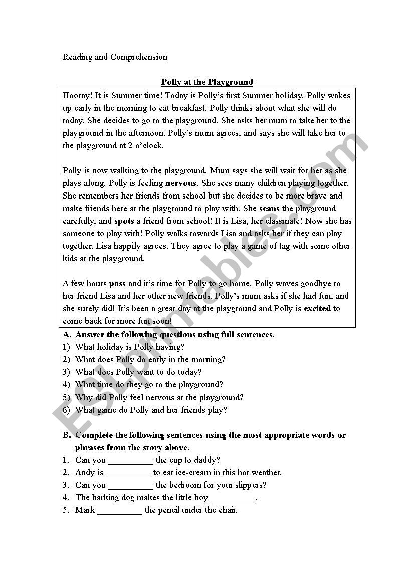 Reading and Comprehension worksheet