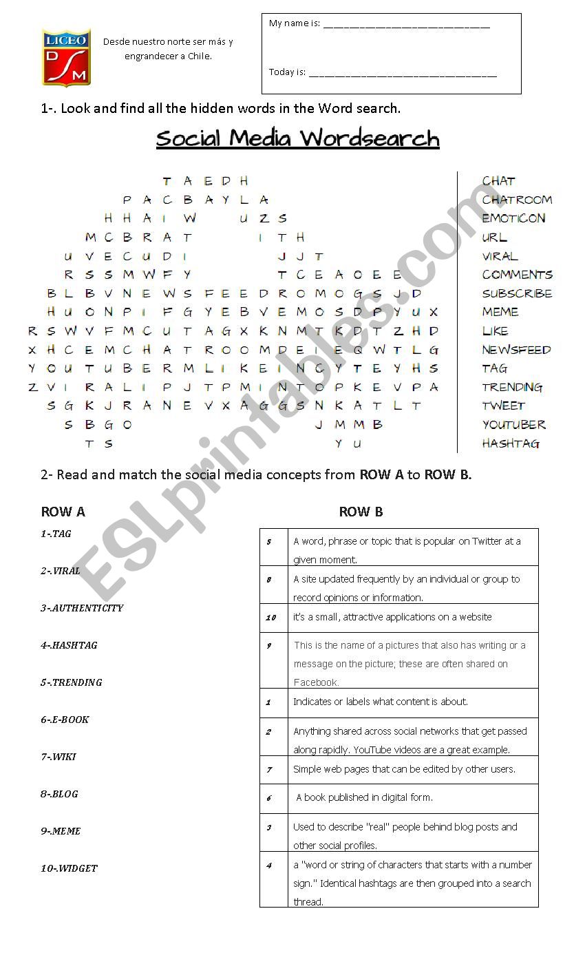 Social Networking Handout worksheet