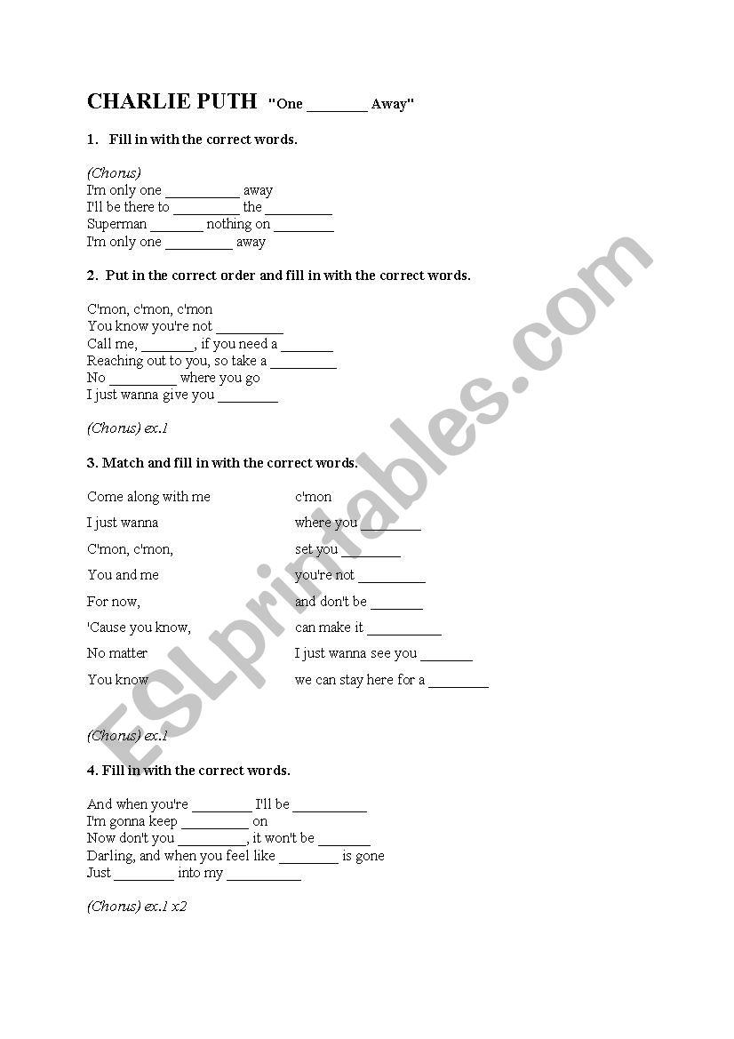 Charlie Puth - One Call Away - song worksheet
