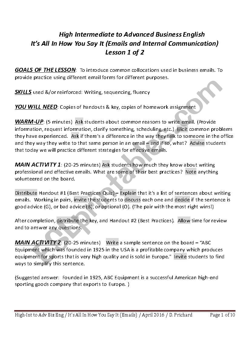 HIGH INTERMEDIATE - ADVANCED BUSINESS ENGLISH - ITÂ´S ALL IN HOW YOU SAY IT (WRITING EFFECTIVE EMAILS)