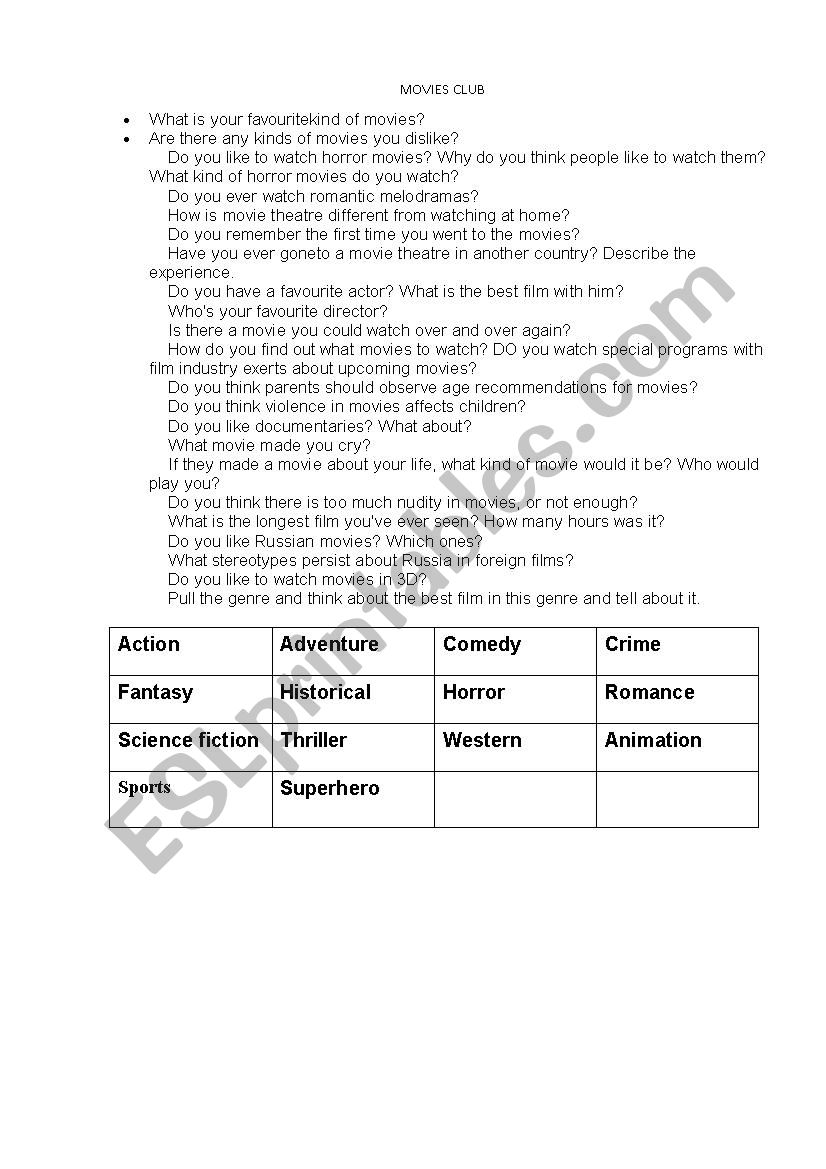 Speaking Activity: Movies worksheet