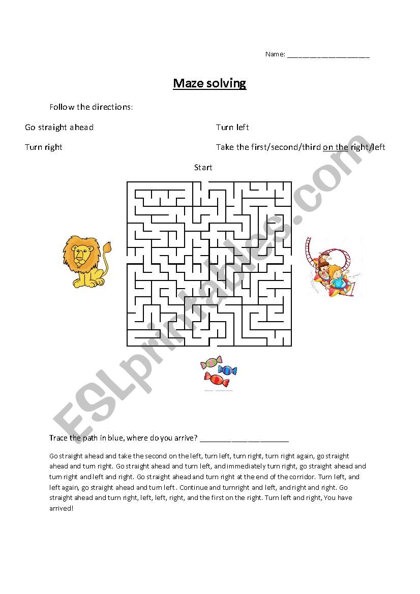 Directions in the maze worksheet