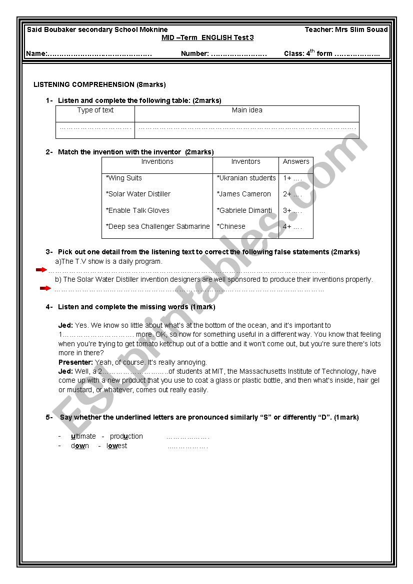 mid term test 3 (listening) 4th form 