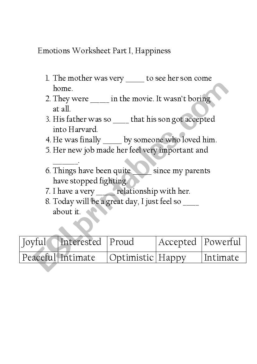 Emotions Worksheet, Fill in the Blank