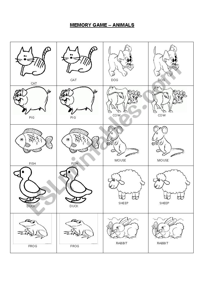 MEMORY GAME - ANIMALS worksheet