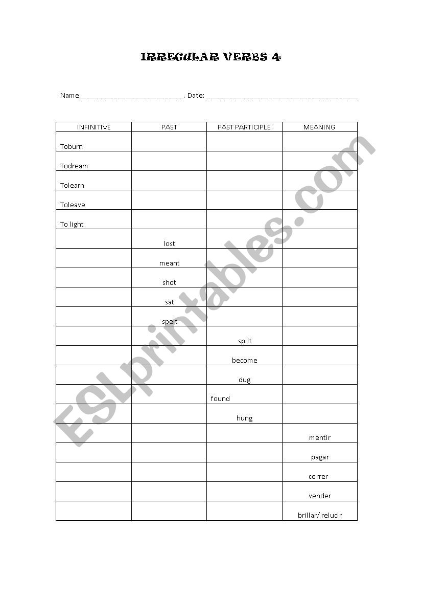 Irregular verbs 4 test worksheet