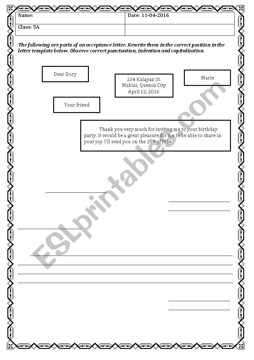 Letter of acceptance worksheet