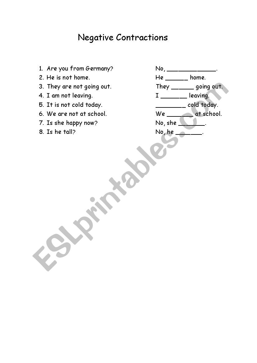 Negative Contractions worksheet