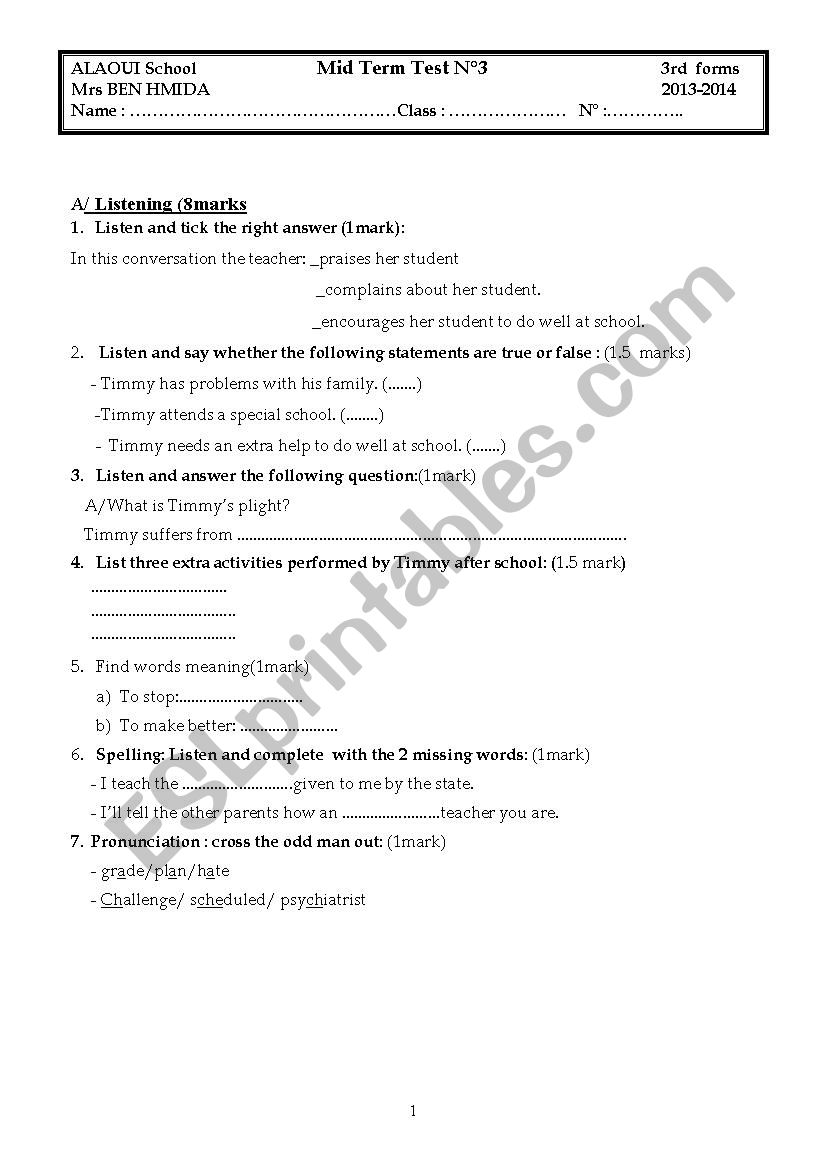 test for 3rd form worksheet