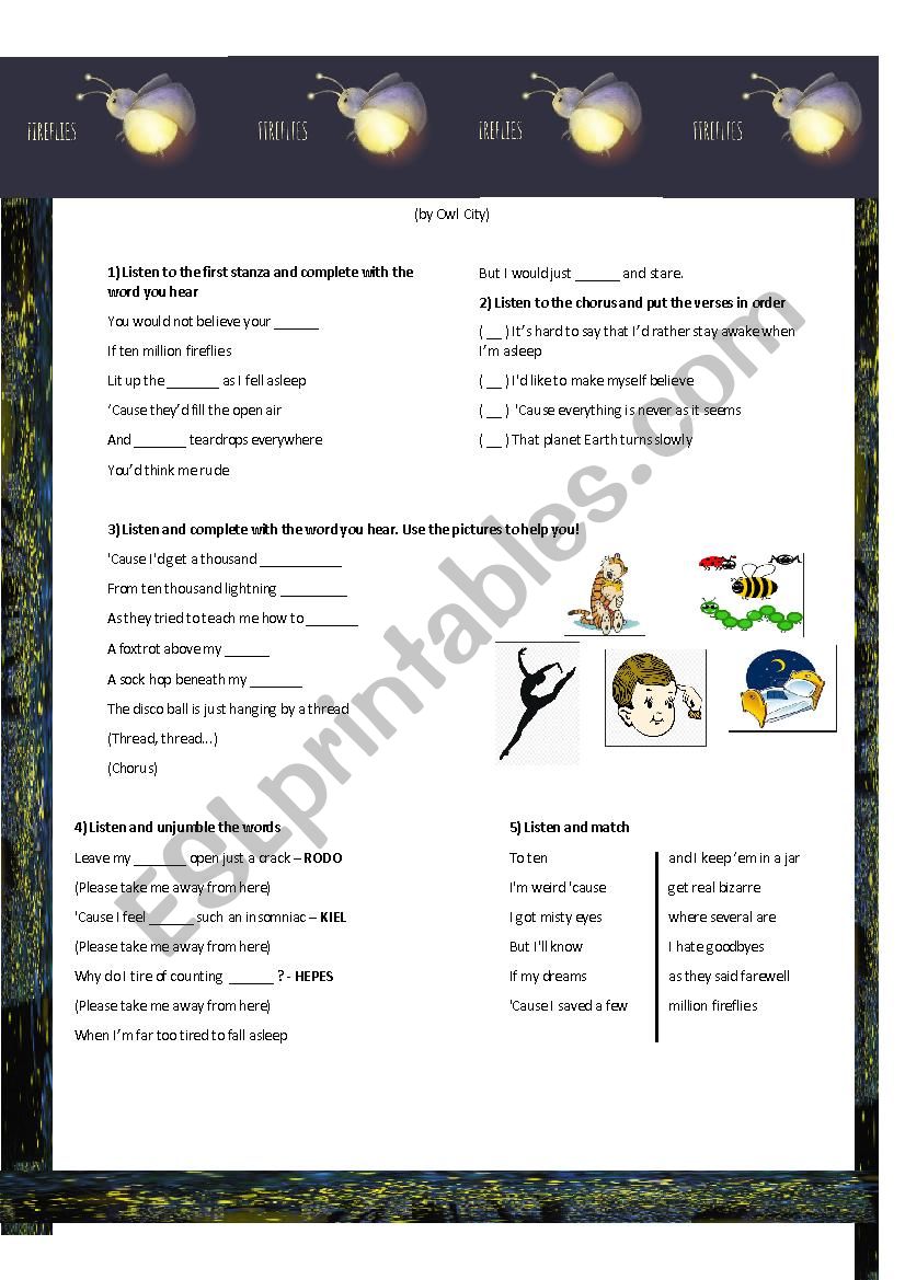 Fireflies by Owl City worksheet