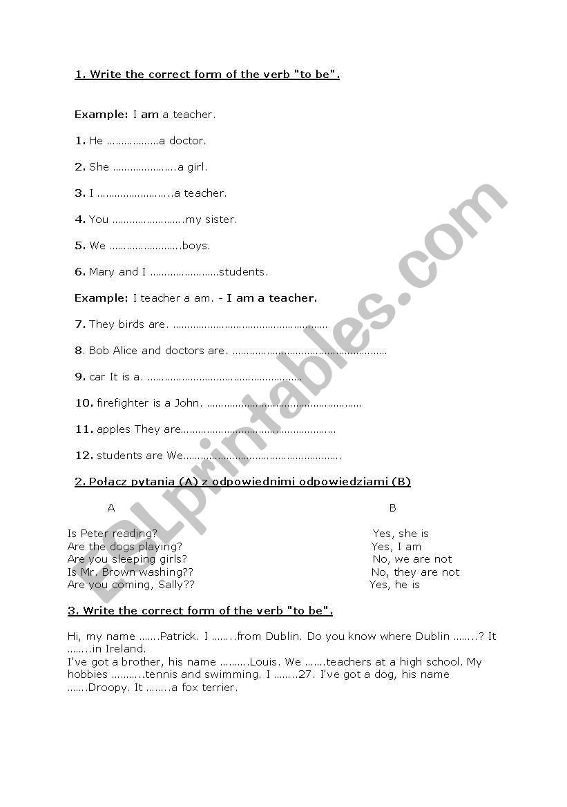 verb to be worksheet