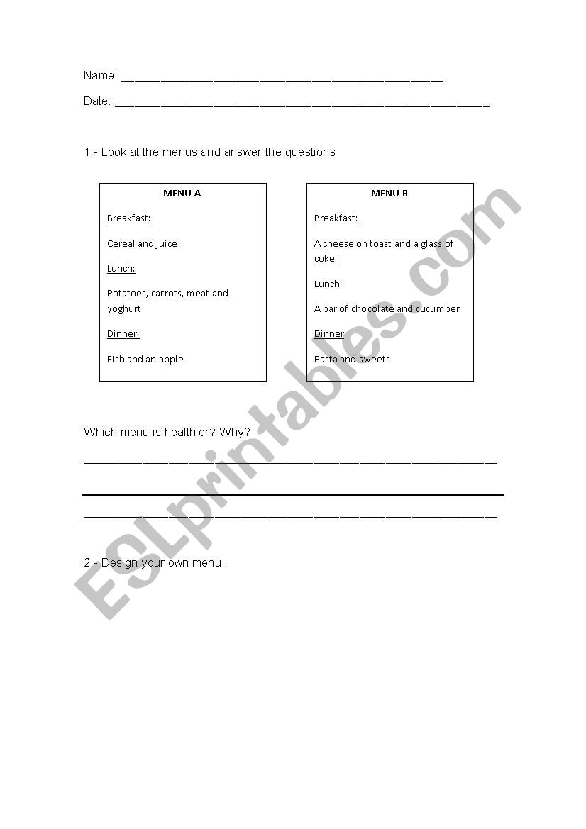 Menus  worksheet