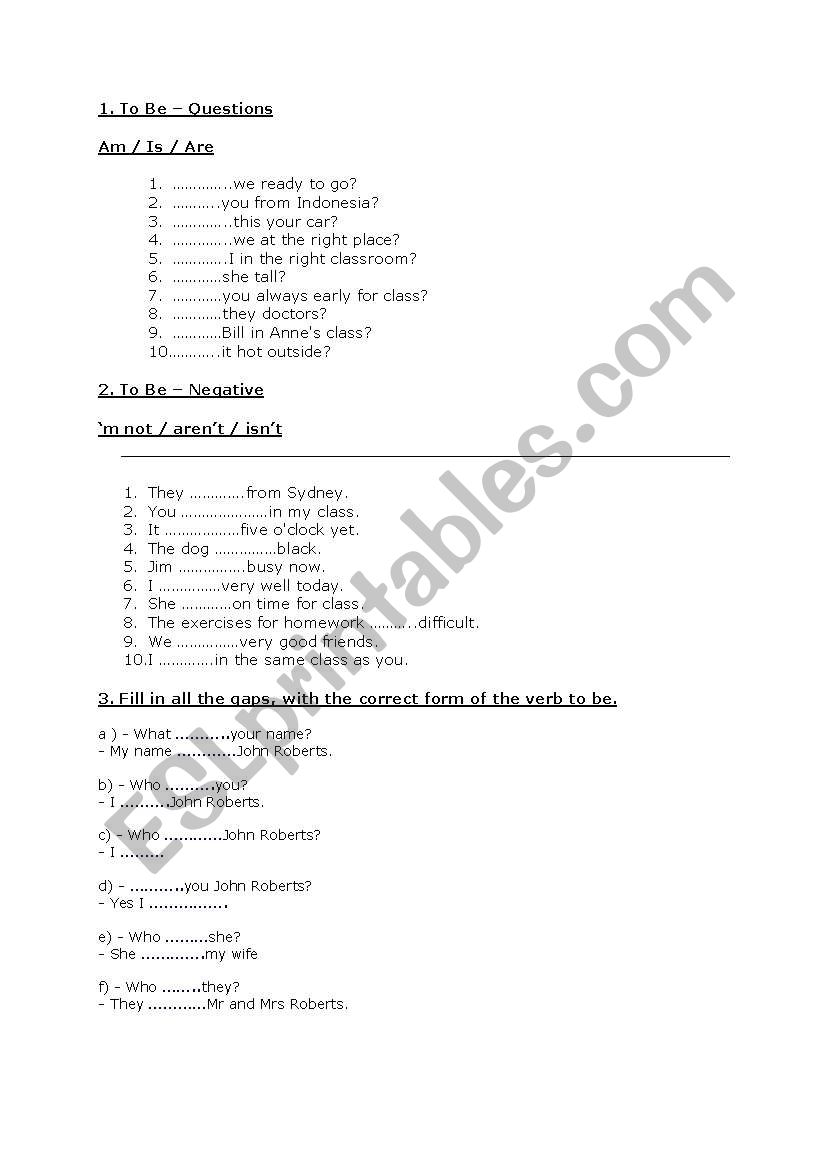 verb to be worksheet