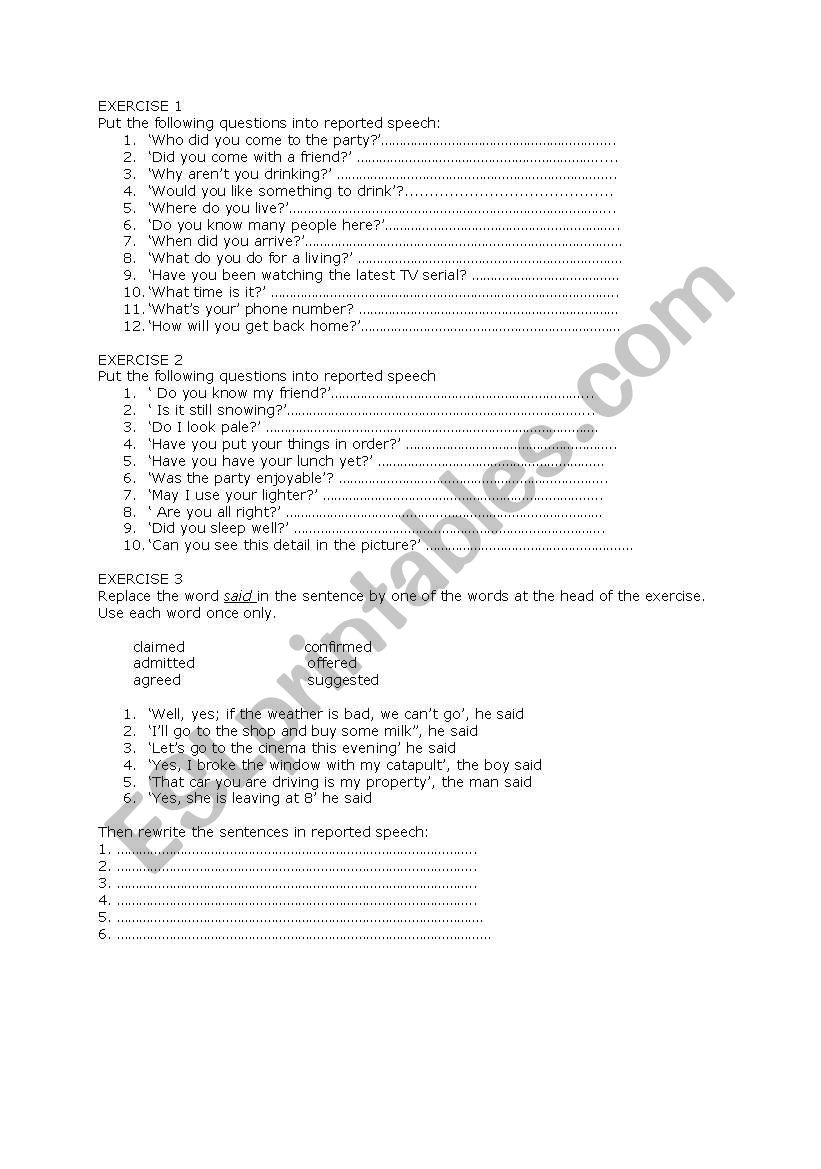 reported speech worksheet