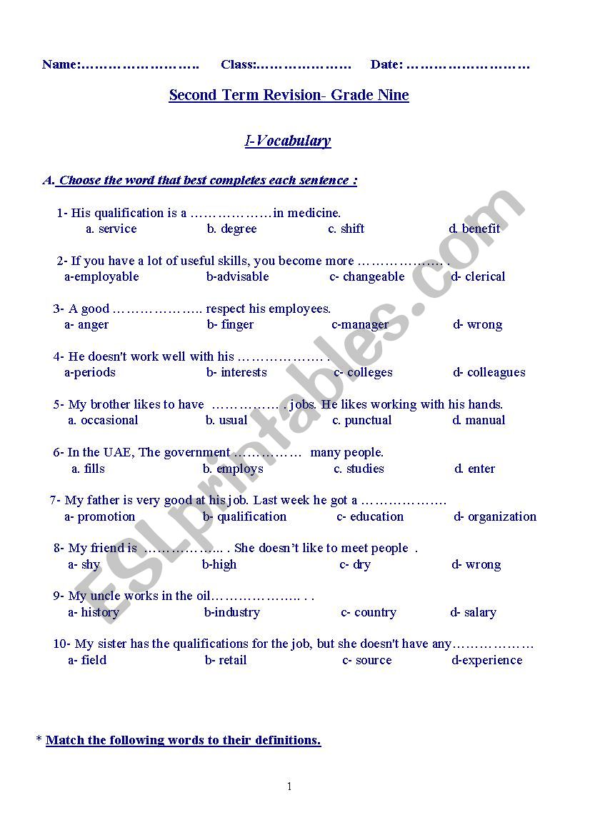 revision worksheet