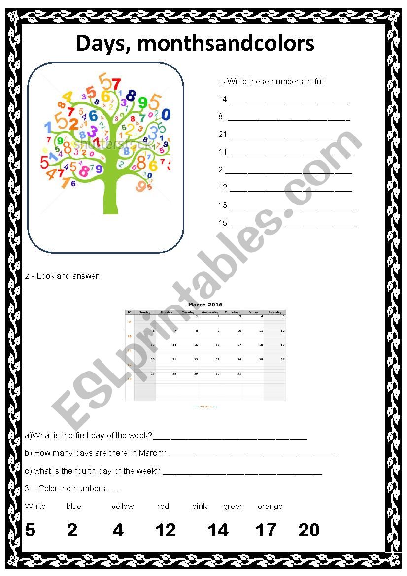 days, months and colors worksheet