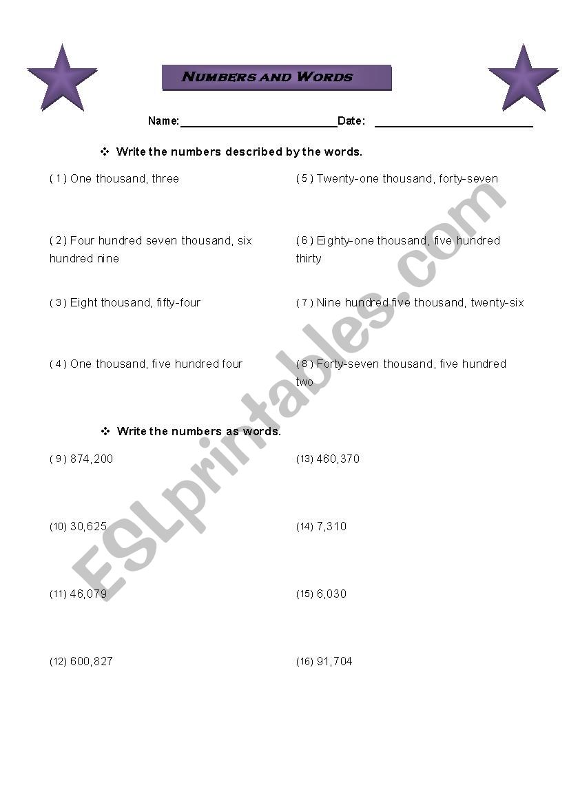 Numbers and their writing worksheet