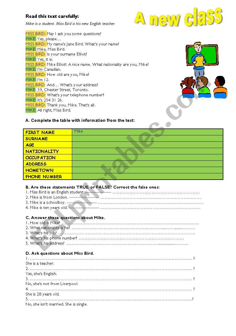 A new Class worksheet