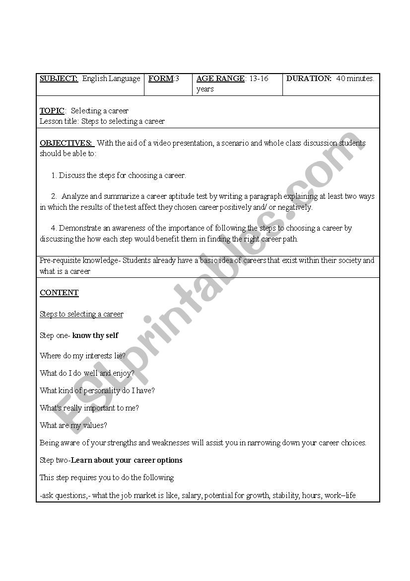 STEPS TO CHOOSINGA CAREER worksheet