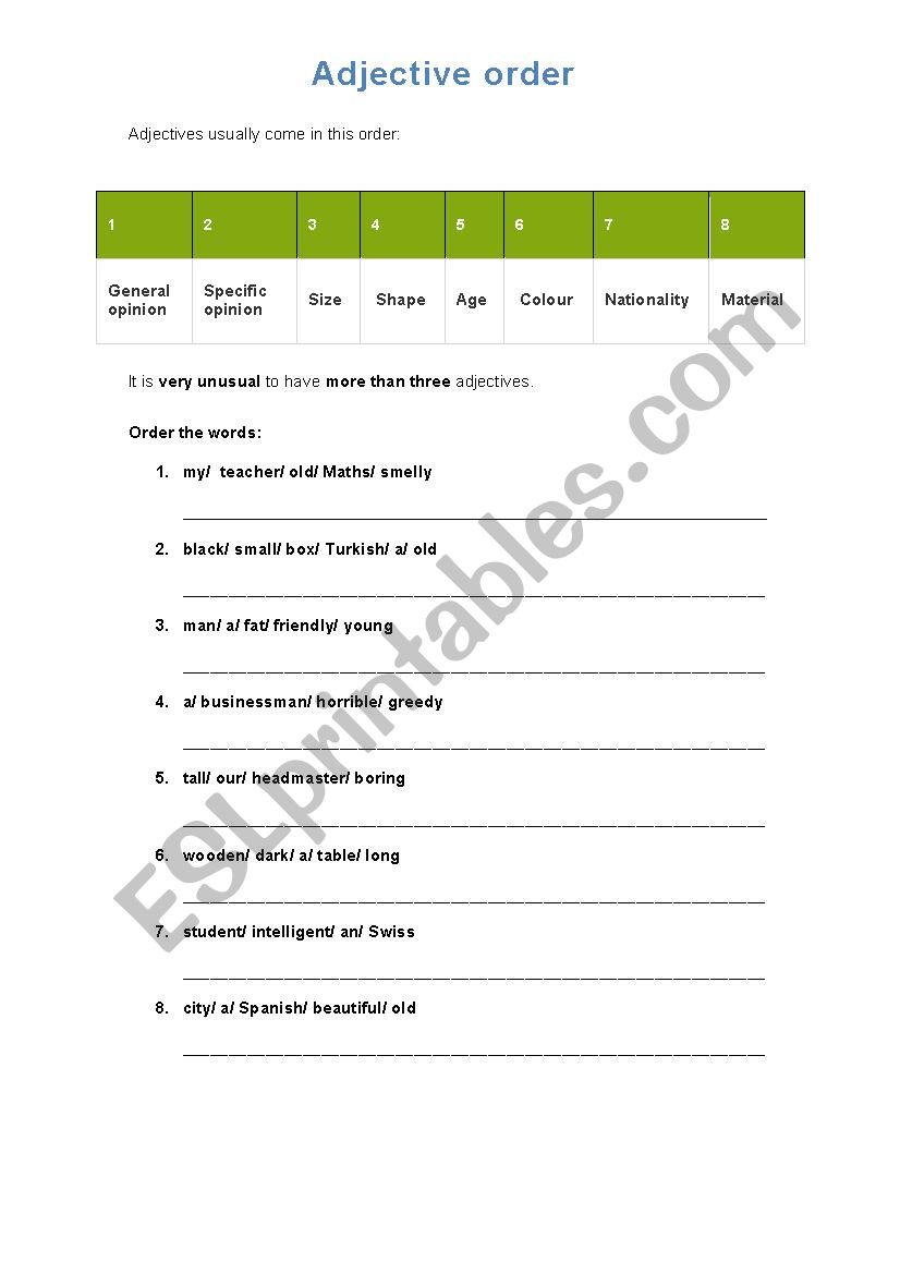 Adjective order worksheet