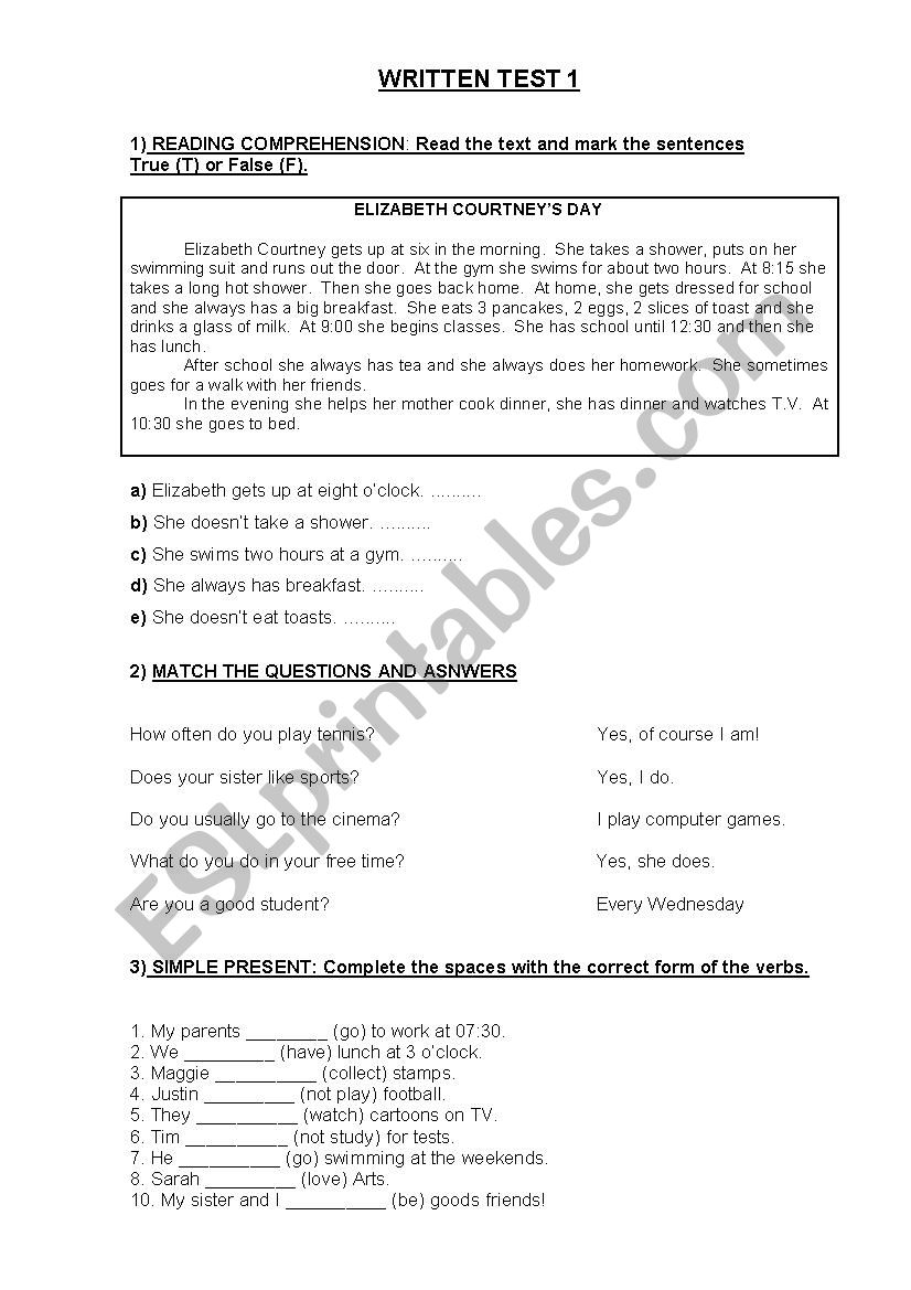 Test on Simple Present Tense worksheet