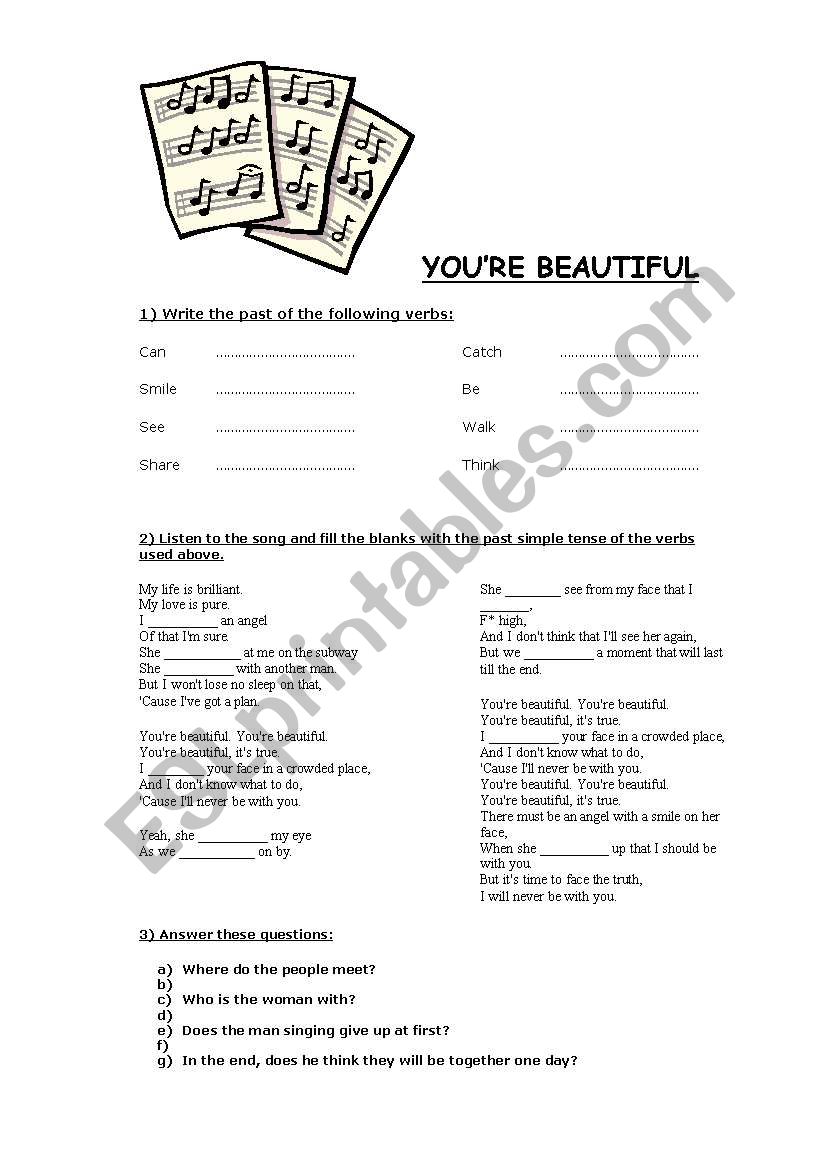 youre beautiful - song worksheet