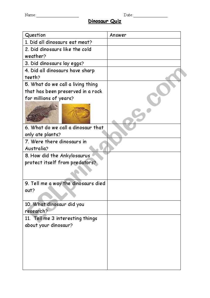 Dinosaur Quiz worksheet