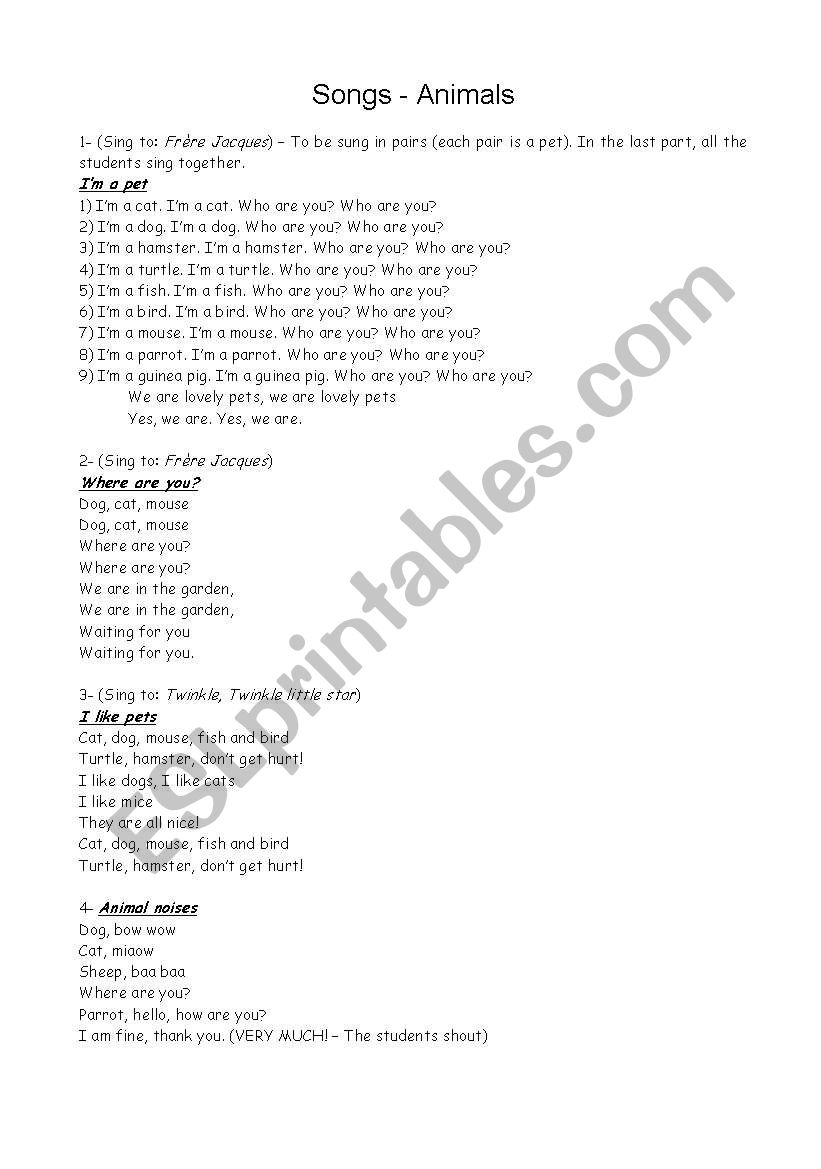 Animal songs worksheet